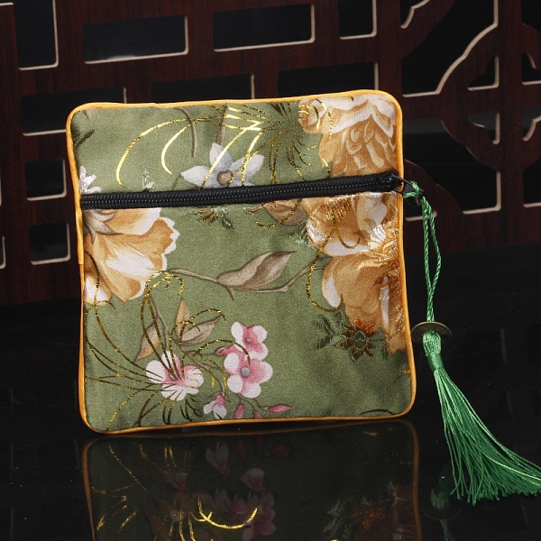 

PandaHall Square Chinese Style Cloth Tassel Bags, with Zipper, for Bracelet, Necklace, Yellow Green, 11.5x11.5cm Cloth Square