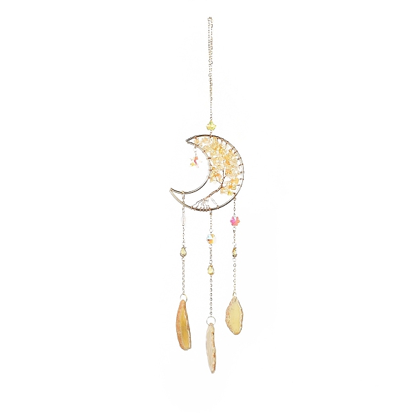 

PandaHall Natural Citrine Chips Beaded Moon Hanging Sun Catchers, with Glass Teardrop/Octagon and Natural Agate, with Iron Findings, 455mm..., Yellow