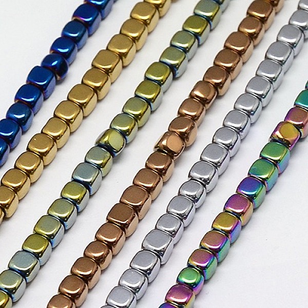 

PandaHall Electroplate Non-magnetic Synthetic Hematite Beads Strands, Cube, Grade A, Mixed Color, 3x3x3mm, Hole: 1mm, about 127pcs/strand...
