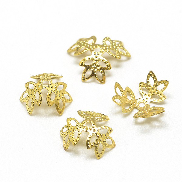 

PandaHall Plated Iron Fancy Bead Caps, Flower, 3-Petal, Filigree, Golden, 8.5~12x10~14x4~6mm, Hole: 1.2mm, about 600pcs/50g Iron