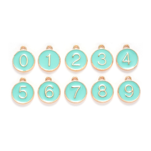 

PandaHall Light Gold Plated Alloy Enamel Charms, Enamelled Sequins, Flat Round with Number, Number 0~9, Turquoise, 14.5x12x2.5mm, Hole..., Green