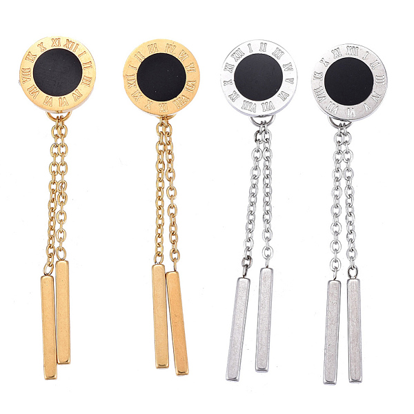 

PandaHall 304 Stainless Steel Chain Tassel Earrings, with Ear Nuts and Resin, Flat Round with Roman Numerals, Black, Mixed Color, 47mm, Pin...