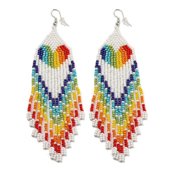 

PandaHall Boho Rainbow Color Seed Bead Heart Tassel Earrings, Iron Dangle Earring for Women, WhiteSmoke, 125x35mm Seed Beads Heart White