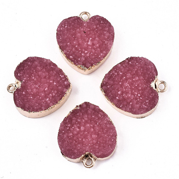 PandaHall Druzy Resin Pendants, with Edge Light Gold Plated Iron Loops, Heart, Cerise, 22.5x19.5x8mm, Hole: 1.8mm Iron+Resin Heart Red