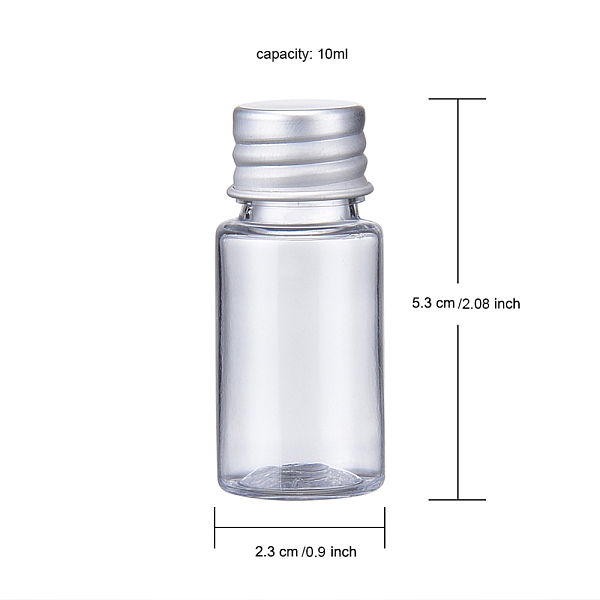 

PandaHall 10ml PET Plastic Liquid Bottles, Flat Shoulder, with Aluminum Screw Caps, Clear, 5.3x2.3cm, Capacity: 10ml(0.34 fl. oz) Plastic...