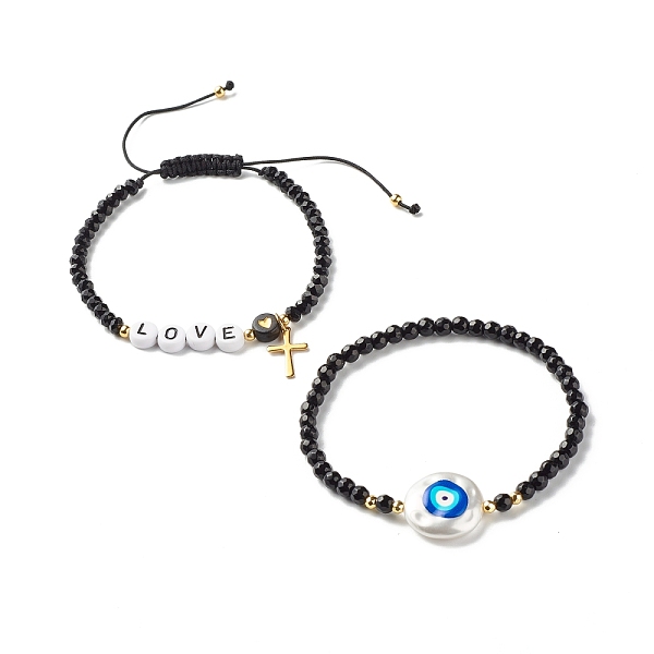 PandaHall Love & Evil Eye & Heart Pattern Braided Bead Bracelets Set for Girl Women, Mixed Stone & Acrylic & ABS Plastic Pearl Beads Energy...