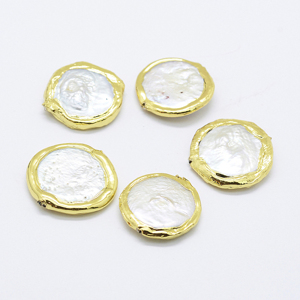 

PandaHall Natural Cultured Freshwater Pearl Beads, Edge Golden Plated, Flat Round, White, 20~23x4~5mm, Hole: 0.5mm Pearl Flat Round White