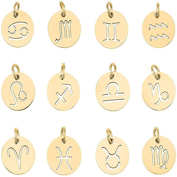 

PandaHall UNICRAFTALE 12pcs Stainless Steel 12 Constellations Charm Zodiac Sign Pendants Charms Golden 3mm Hole Flat Round with...