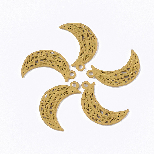 

PandaHall Spray Painted Alloy Filigree Pendants, Moon, Goldenrod, 20x12x2mm, Hole: 1.2mm Alloy Moon Gold