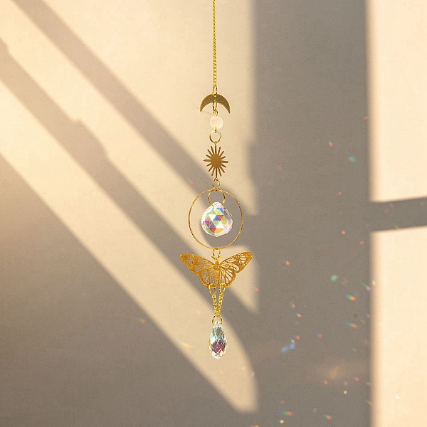 

PandaHall Glass Suncatcher, Brass Butterfly Wind Chime Hanging Pendant Decoration, Golden, 390mm Brass Butterfly