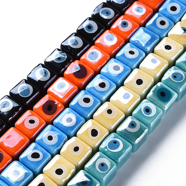 

PandaHall Handmade Porcelain Ceramic Beads Strands, Famille Rose Style, Cube with Eye, Mixed Color, 8.5mm, Hole: 2mm, about 36pcs/strand..., Multicolor