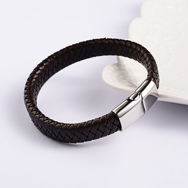 

PandaHall Trendy Leather Braided Cord Bracelets, with 304 Stainless Steel Magnetic Clasps, Coconut Brown, 220x12x6mm Leather Brown