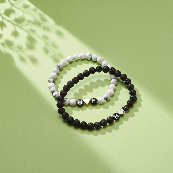 

PandaHall 2Pcs 2 Style Natural Lava Rock & Howlite Stretch Bracelets Set, Heart & Word M and F Acrylic Beaded Couple Bracelets for Best...