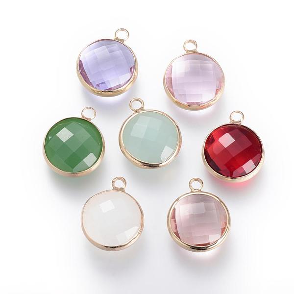 

PandaHall Glass Pendants, with Brass Findings, Faceted, Flat Round, Mixed Color, 12x8.5x3mm, Hole: 2mm Brass+Glass Flat Round Multicolor