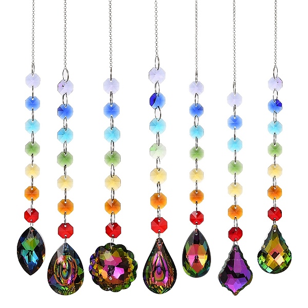 

PandaHall Quartz Crystal Pendant Decorations, with Iron Chains, Mixed Shape, Colorful, 430~438mm, Pendants: 200~205x4~4.5mm, about 7Pcs/Set...