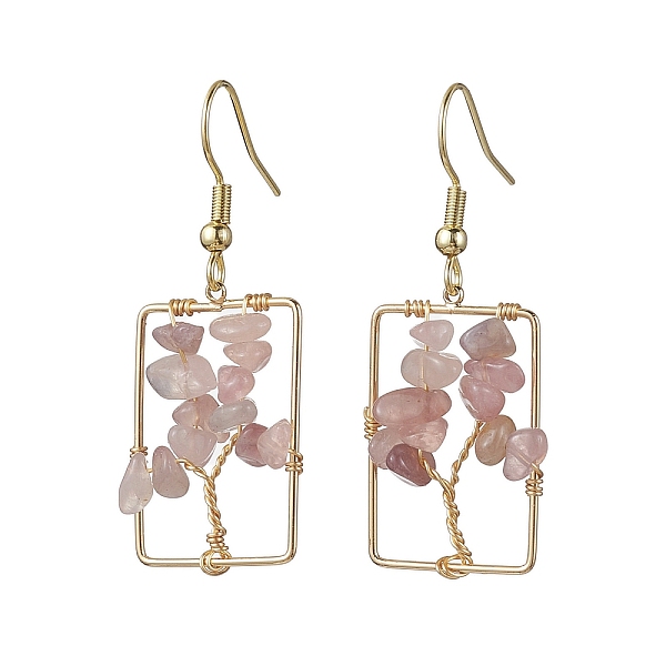 

PandaHall Natural Rose Quartz Chips Tree Dangle Earrings, Rectangle Real 18K Gold Plated Brass Drop Earrings with 304 Stainless Steel...