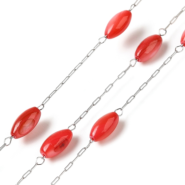

PandaHall 304 Stainless Steel Cable Chains with Dyed Shell Beads, Rice, Soldered, with Spool, Red, 2.5x0.8x0.1mm 304 Stainless Steel Red