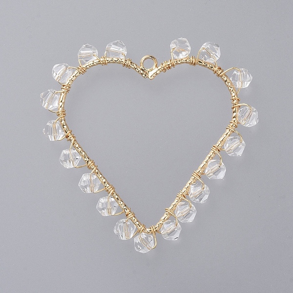 

PandaHall Real 18K Gold Plated Brass Pendants, with Faceted Bicone Glass Beads and Copper Wire Copper, with Burlap Bag, Heart, Clear...