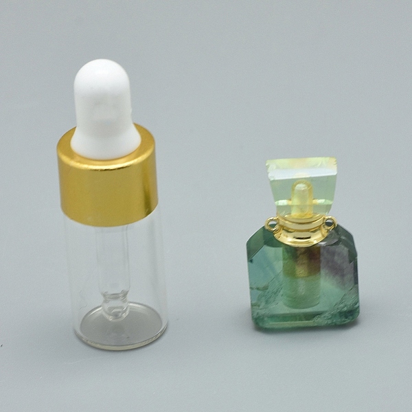 PandaHall Faceted Natural Fluorite Openable Perfume Bottle Pendants, with Brass Findings and Glass Essential Oil Bottles, 30x18x10.5mm, Hole...