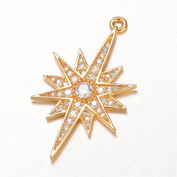 

PandaHall Brass Micro Pave Cubic Zirconia Pendants, Star, Golden, 33x18x3mm, Hole: 1.5mm Brass+Cubic Zirconia Star Clear