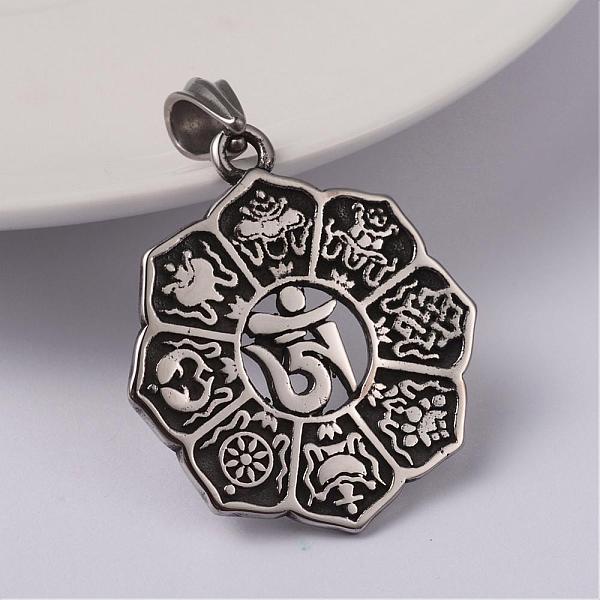 

PandaHall 304 Stainless Steel Mantra Pendants, Flat Round with Om Mani Padme Hum, Antique Silver, 36x32x2mm, Hole: 7.5x4.5mm 304 Stainless...