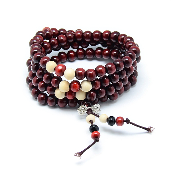 

PandaHall Dual-use Items, Wrap Style Buddhist Jewelry Dyed Wood Round Beaded Bracelets or Necklaces, Dark Red, 520mm Wood Red