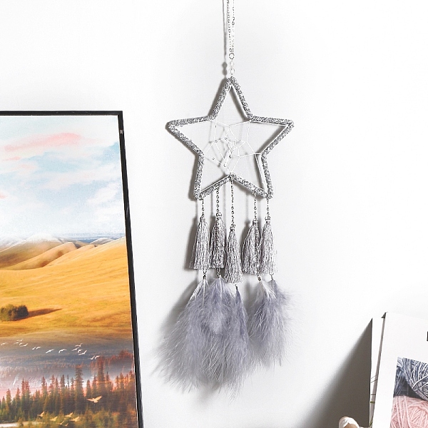 

PandaHall Woven Net/Web with Feather with Iron Home Crafts Wall Hanging Decoration, Moon and Star, Silver, 580mm Feather Star Silver