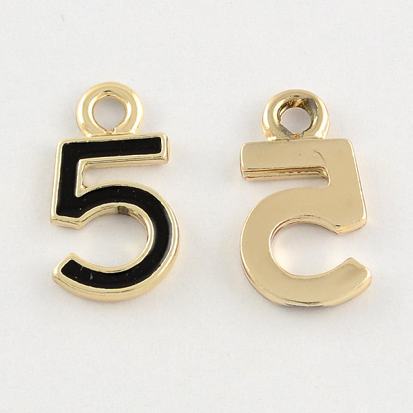 

PandaHall Light Gold Tone Alloy Enamel Pendants, Number 5, Black, 16x9x2mm, Hole: 2mm Alloy+Enamel Number Black