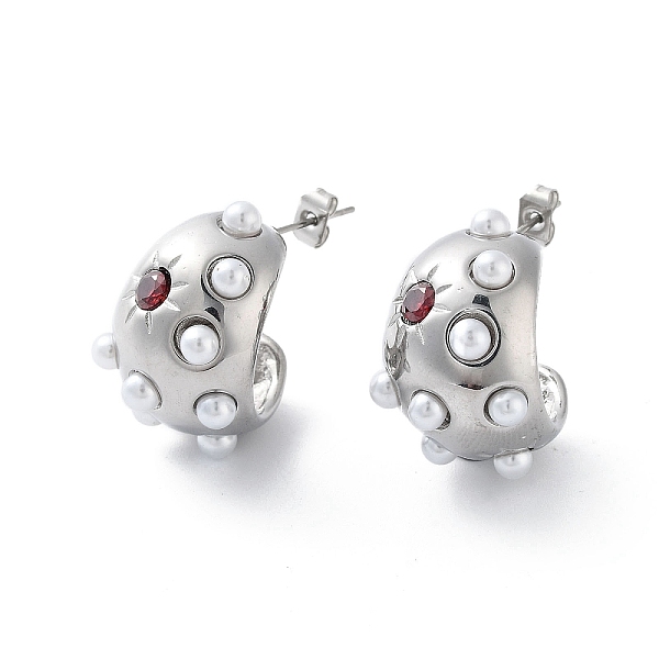 

PandaHall 304 Stainless Steel Stud Earrings, Half Hoop Earrings with Plastic Pearl with Cubic Zirconia, Stainless Steel Color, 23.5x15mm...