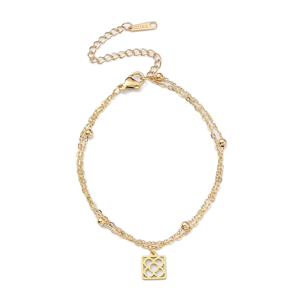 

PandaHall 304 Stainless Steel Cable & Satellite Chains Double Layer Multi-strand Bracelet, with Square with Flower Charms, Golden, 6-3/4...