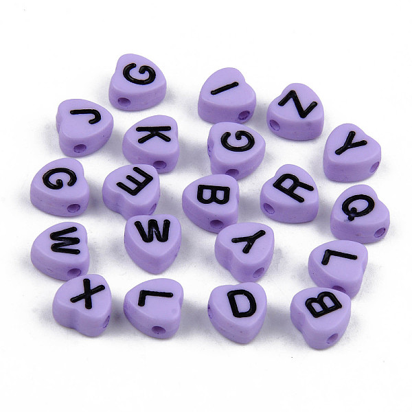 PandaHall Opaque Acrylic Enamel Beads, Horizontal Hole, Heart with Mixed Black Letters, Lilac, 7x7x4mm, Hole: 1.5mm Acrylic Heart Purple