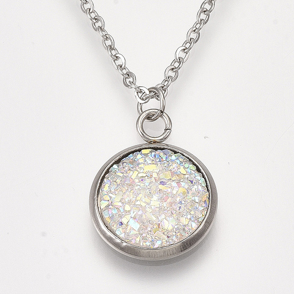 

PandaHall 201 Stainless Steel Pendant Necklaces, with Druzy Resin, Cable Chains and Lobster Claw Clasps, Flat Round, Clear AB, 15.7 inch..., White