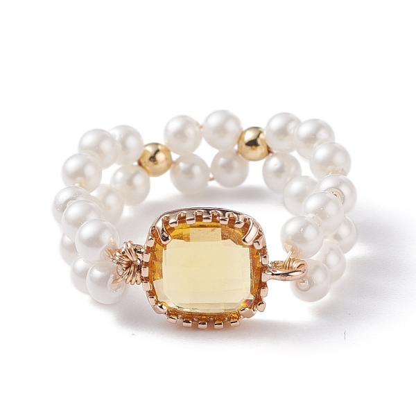 

PandaHall Bling Square Glass Finger Ring, Vintage Shell Pearl Beads Braided Ring for Girl Women, Golden, Yellow, US Size 9(18.9mm) Glass...