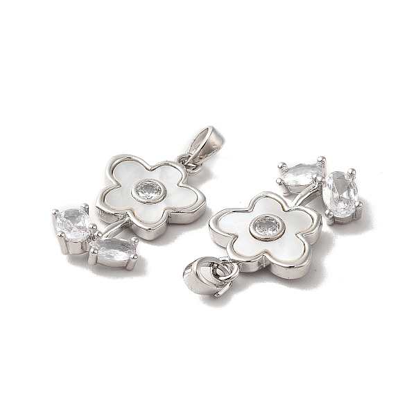 

PandaHall Brass Cubic Zirconia Pendants, with Shell, Flower, Platinum, 21x13x4mm, Hole: 2x4.5mm Brass+Cubic Zirconia+Shell Flower