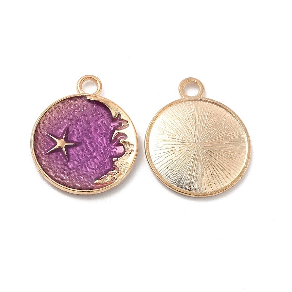 

PandaHall Alloy Enamel Pendants, Flat Round with Star & Moon Charm, Golden, Medium Purple, 25x21x2.3mm, Hole: 3mm Alloy+Enamel Moon