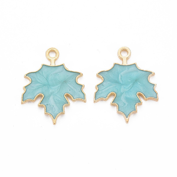 

PandaHall Autumn Theme Zinc Alloy Pendants, with Enamel, Maple Leaf, Light Gold, Turquoise, 24x19x2mm, Hole: 1.6mm Alloy+Enamel Leaf Green