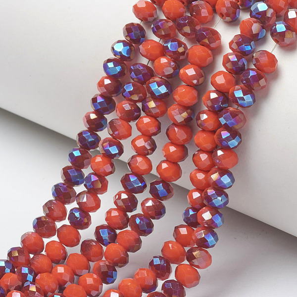 

PandaHall Electroplate Opaque Solid Color Glass Beads Strands, Half Plated, Blue Plated, Faceted, Rondelle, Orange Red, 4x3mm, Hole: 0.4mm...
