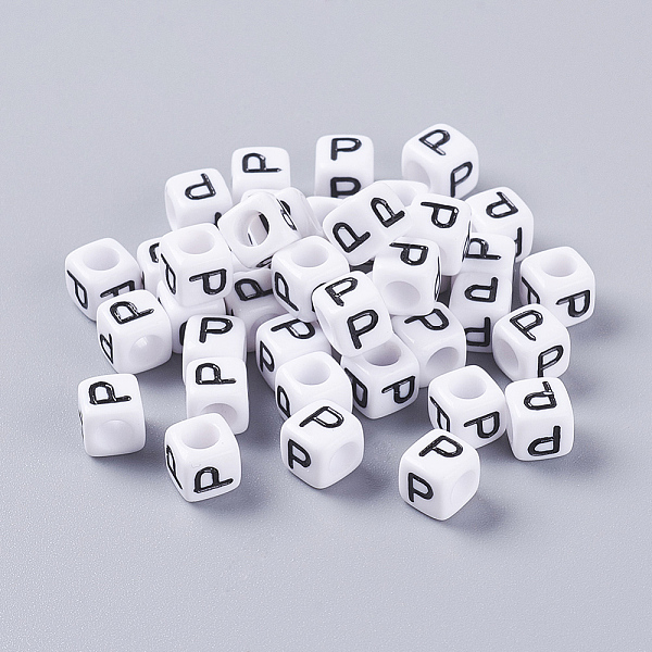 

PandaHall 50g Opaque Acrylic Horizontal Hole Letter Beads, Cube, Letter P, 6x6x6mm, Hole: 3.2mm Acrylic Letter P
