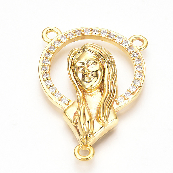 

PandaHall Brass Micro Pave Cubic Zirconia Chandelier Component Links, 3 Loop Connectors, Clear, Virgin Mary, Golden, 38.5x26x7mm, Hole: 2mm...