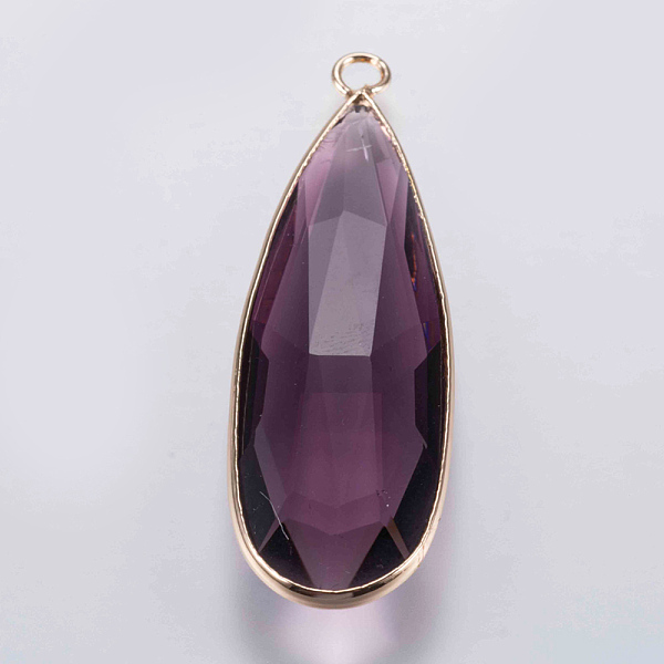 

PandaHall Glass Pendants, with Brass Finding, Faceted, teardrop, Golden, Purple, 43x14x5.5mm, Hole: 2mm Brass+Glass Teardrop Purple