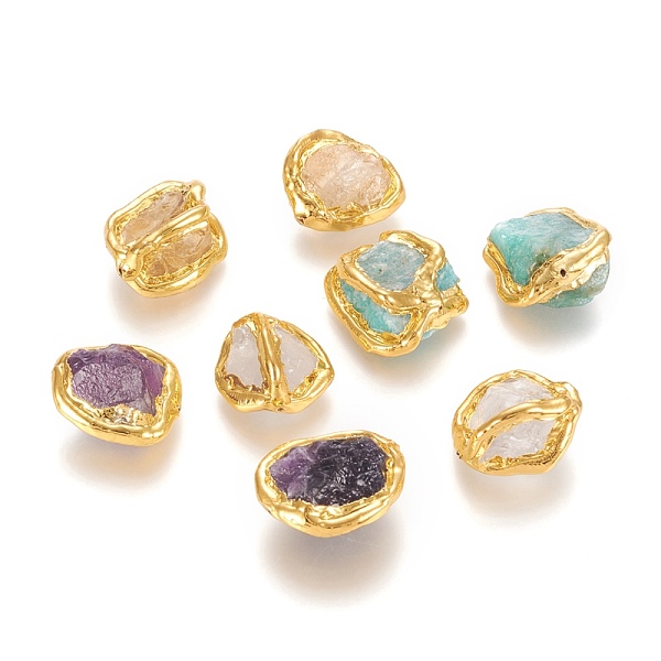 

PandaHall Raw Rough Natural Gemstone Beads, with Golden Plated Brass Edge, Nuggets, 16~26x13~21x8~17mm, Hole: 0.8~0.9mm Mixed Stone Nuggets