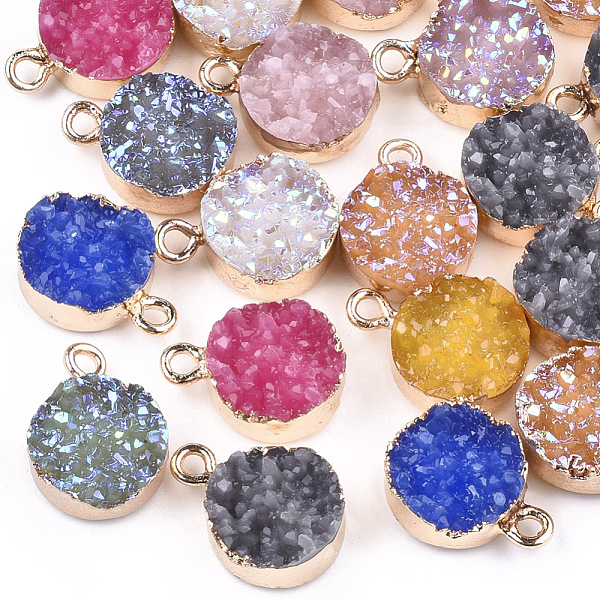 

PandaHall Electroplate Druzy Resin Pendants, with Iron Findings, Flat Round, Light Gold, Mixed Color, 16~17x12x6~7mm, Hole: 1mm Iron+Resin..., Multicolor