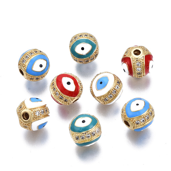 

PandaHall Brass Micro Pave Clear Cubic Zirconia Beads, Real 16K Gold Plated, with Enamel, Nickel Free, Round with Eye, Mixed Color, 10mm..., Multicolor