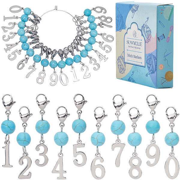 

PandaHall 20Pcs 10 Style Synthetic Turquoise Pendant Locking Stitch Markers, 304 Stainless Steel Crochet Lobster Clasp Charms, Stainless...