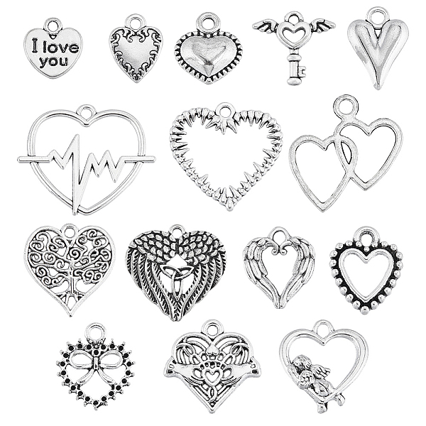 

PandaHall SUNNYCLUE 90Pcs 15 Style Tibetan Style Alloy Pendants, Heart Charm, Antique Silver, 12~24.5x9~29.5x1.5~3mm, Hole: 1.2~3mm...