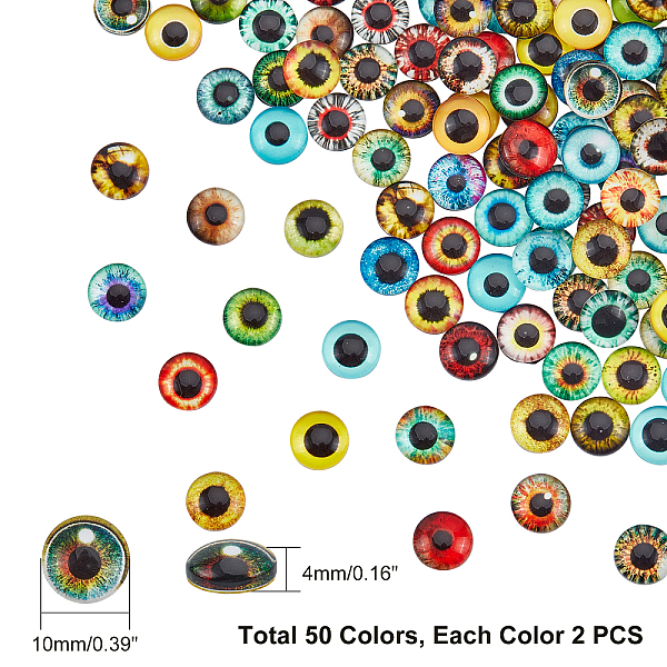 

PandaHall Flat Back Glass Cabochons, Dome/Half Round with Dragon Eye Pattern, Mixed Color, 10x4mm, 2pcs/color, 50 colors, 100pcs/bag, 2bags..., Multicolor