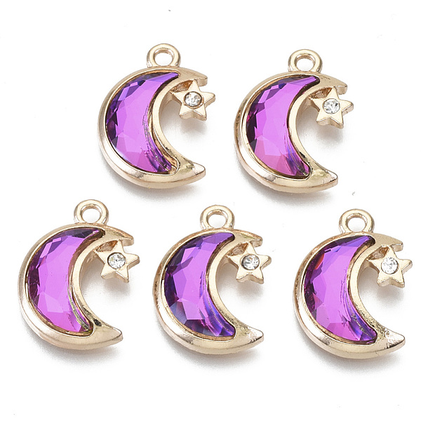 

PandaHall Glass Rhinestone Pendants, with Light Gold Plated Brass Plain Edge Bezel Cups, Faceted, Moon, Amethyst, 19x14x4mm, Hole: 1.8mm..., Purple
