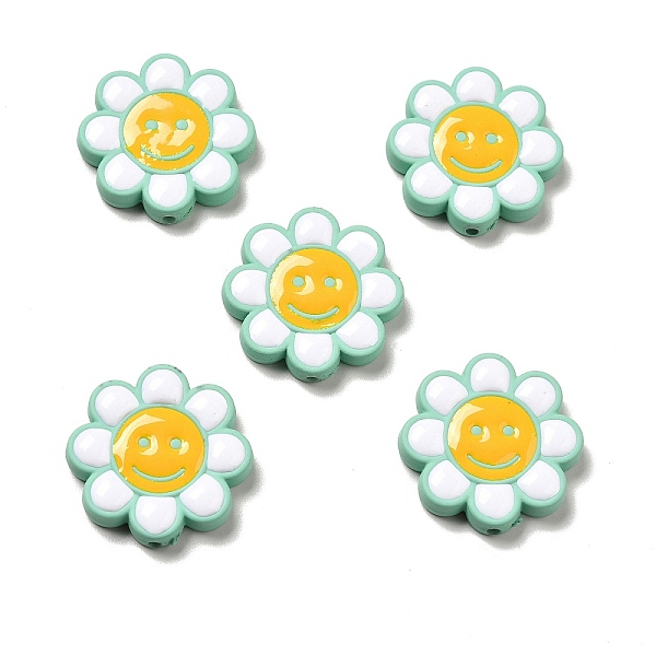 

PandaHall Opaque Acrylic Beads, with Enamel, Flower with Smiling Face, Aquamarine, 24.5~25x4mm, Hole: 1.5mm Acrylic Flower Green