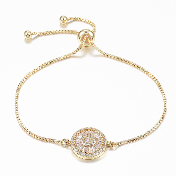 

PandaHall Adjustable Brass Micro Pave Cubic Zirconia Slider Bracelets, Bolo Bracelets, Flat Round, Golden, 10-1/4 inch(260mm), 1.2mm Cubic..., Clear