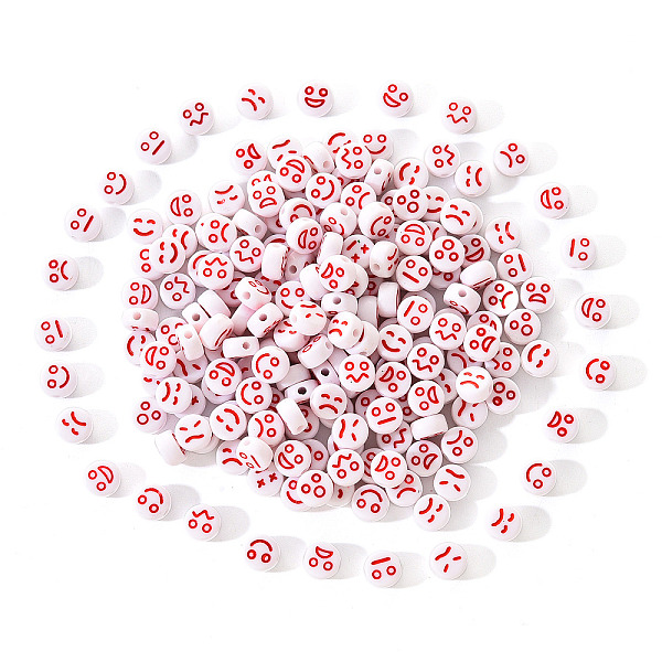 

PandaHall White Opaque Acrylic Beads, Flat Round with Expression, FireBrick, 7x4mm, Hole: 1.6mm, 200pcs/set Acrylic Flat Round Red